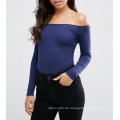 Sexy Fashion Langarm aus Schulter Frauen Baumwolle Rib Top